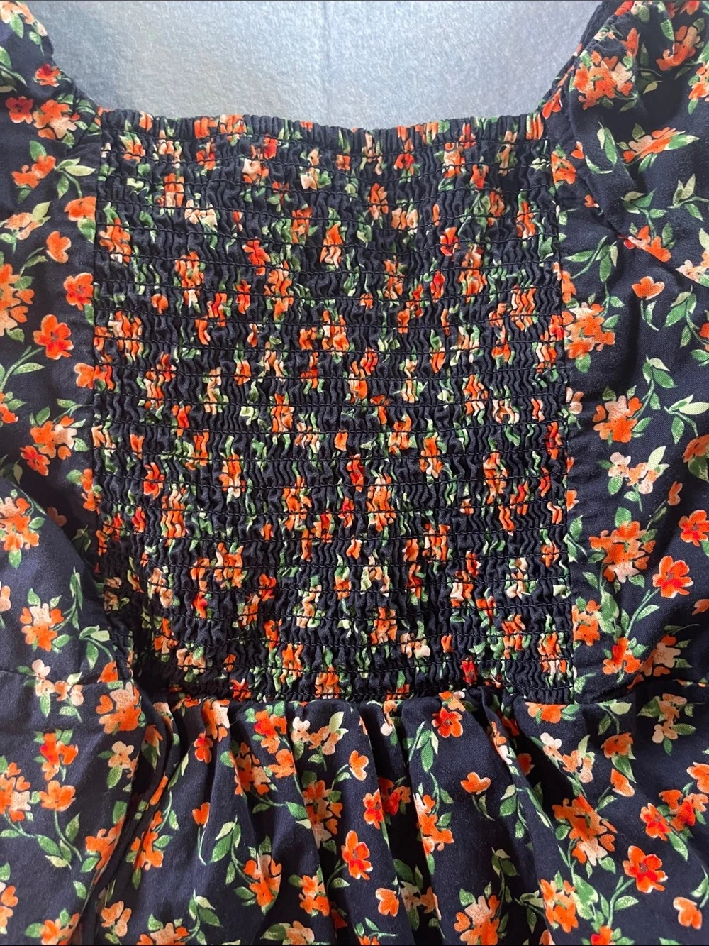 Old Navy Black Floral Puff Sleeve Blouse with Orange Flowers